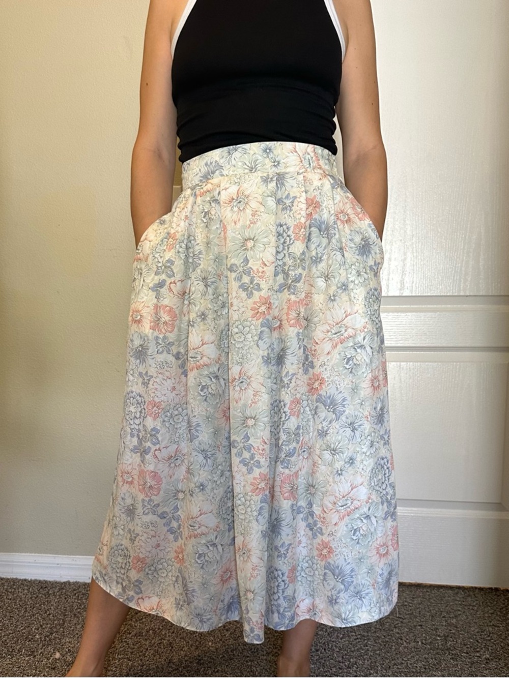 Foxcroft Cream Floral Midi Skirt with Blue and Pink Accents